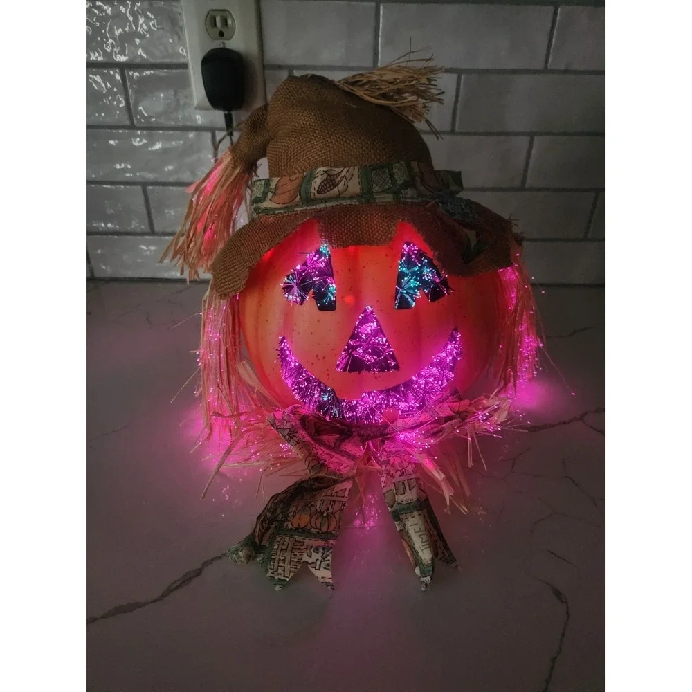 Vtg. Halloween Scarecrow Fall Pumpkin Fiber Optic Color Changing Jack O Lantern